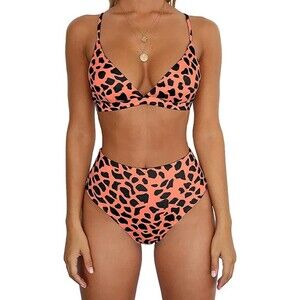 Womens 2-pc Animal Print Bikini Swimsuit M Orange High Waisted Cheeky Bottom NEW